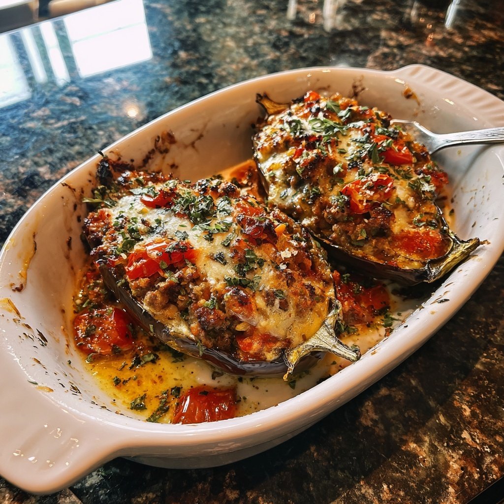 Ground Beef And Rice Stuffed Eggplant